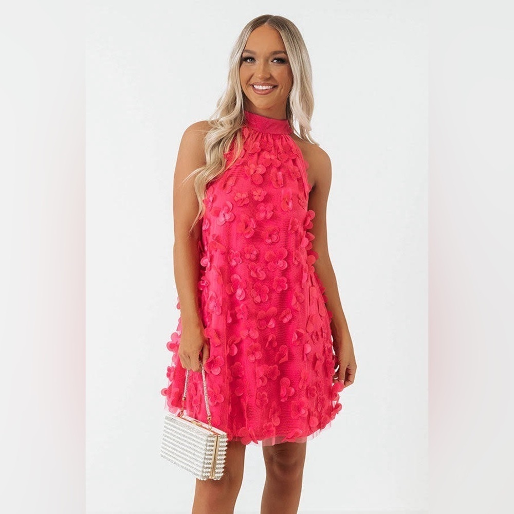 TCEC Dress Floral Appliques Mesh Overlay Halter Neck Dress Size S  NWT